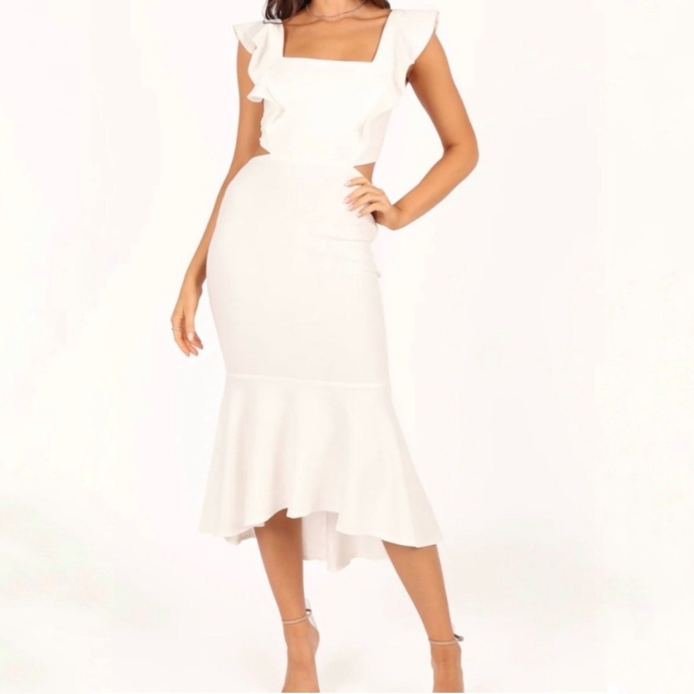 Petal + Pup Yvonne White Ruffle Hi Lo Midi Dress Cutout Mermaid Bridal Size L